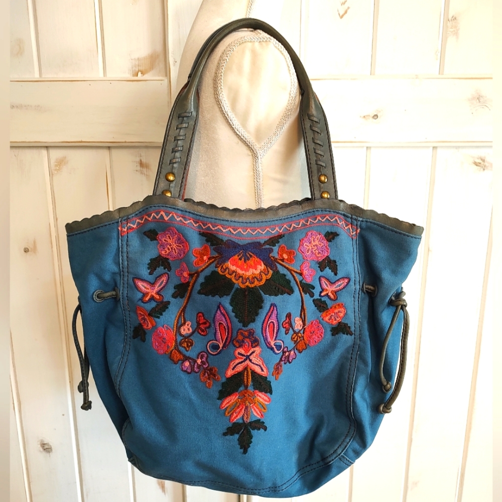 Lucky Brand Blue Embroidered Floral Canvas Bag with Leather Trim